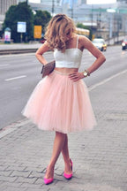 Pink Spaghetti-Strap Two Piece A-line Tulle Short Homecoming Dresses
