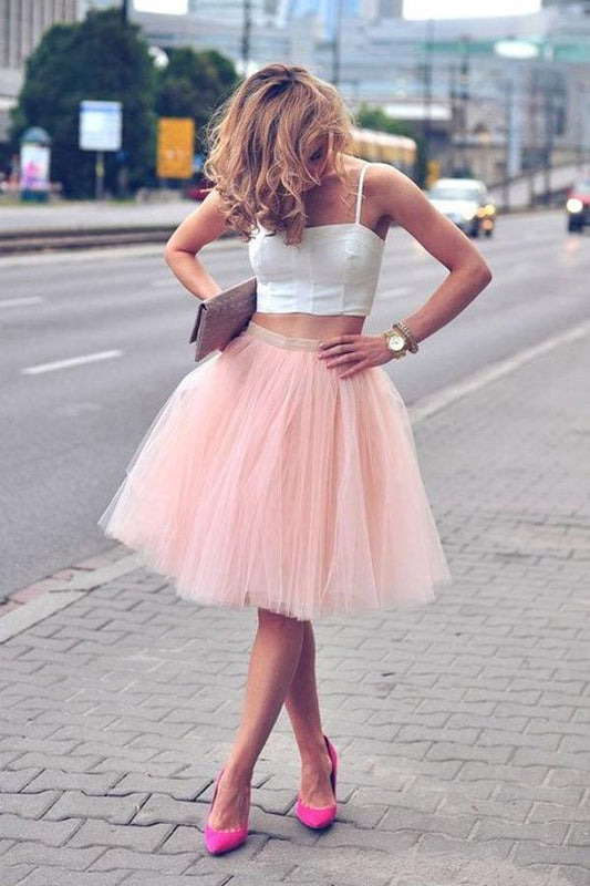 Pink Spaghetti-Strap Two Piece A-line Tulle Short Homecoming Dresses