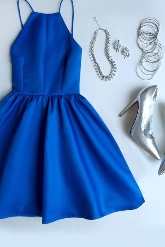 Blaues rückenfreies kurzes Ballkleid, einfache Spaghettiträger-Heimkehrkleider