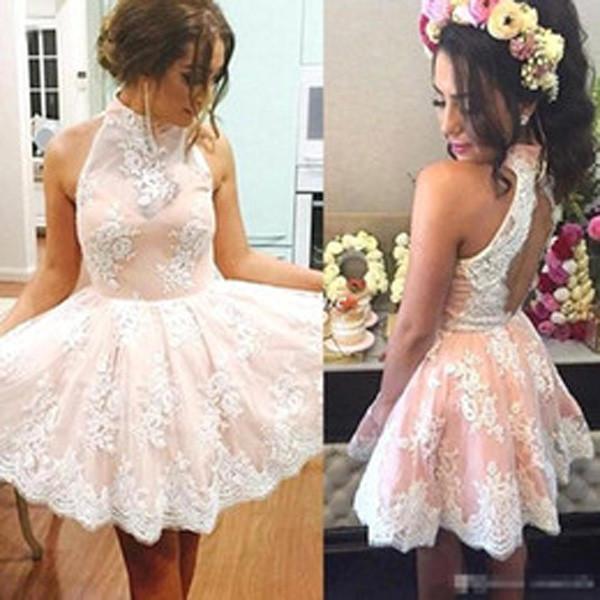 Charming High Neck White Lace Sleeveless Homecoming Dresses for Girls