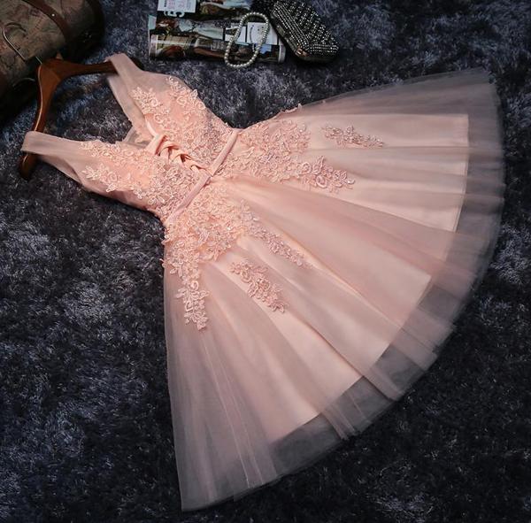 Abito corto rosa cipria per damigella, abiti da festa con tulle e applicazioni in pizzo