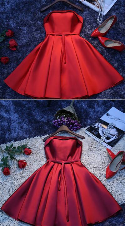 Simple Red Satin A-line Homecoming Dress, Cheap Short Party Dresses for Girls