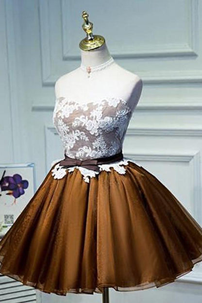 Lace Tulle Lace Up Back Bowknot Short Prom Dress, Cheap Homecoming Dress