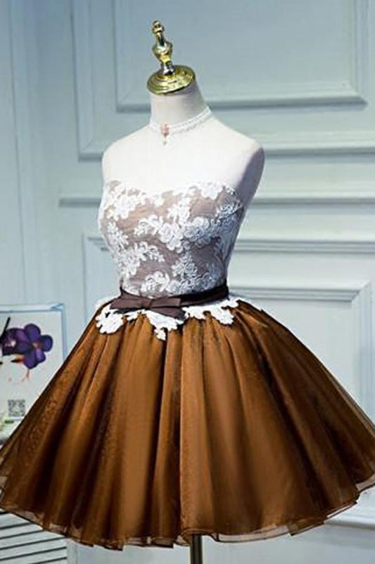 Lace Tulle Lace Up Back Bowknot Short Prom Dress, Cheap Homecoming Dress