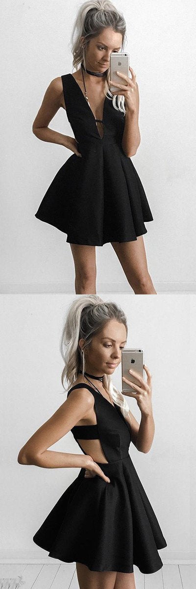 Bezauberndes schwarzes ärmelloses Homecoming-Kleid mit V-Ausschnitt, kurzes Ballkleid