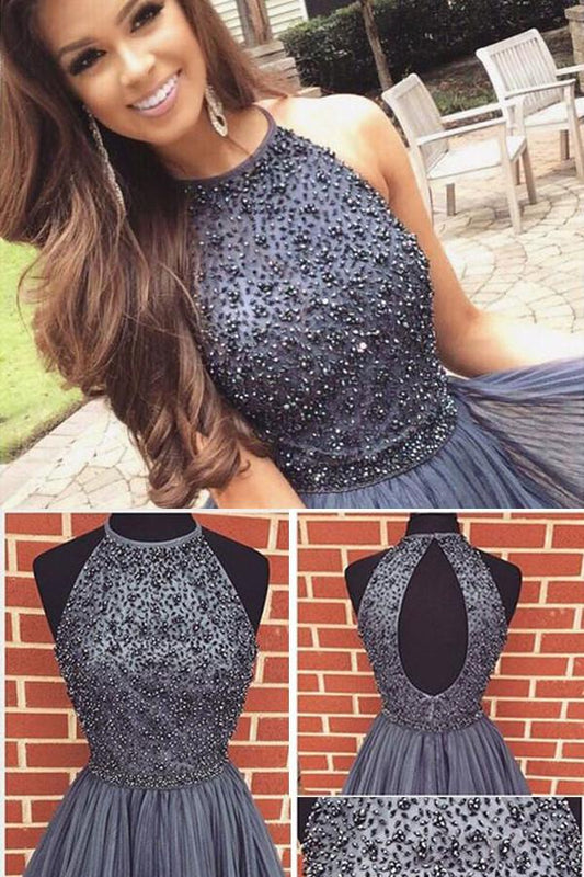Graues Neckholder-Hochhals-A-Linien-Kleid aus Tüll mit Perlen, kurzes Abschlussballkleid