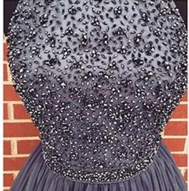 Graues Neckholder-Hochhals-A-Linien-Kleid aus Tüll mit Perlen, kurzes Abschlussballkleid