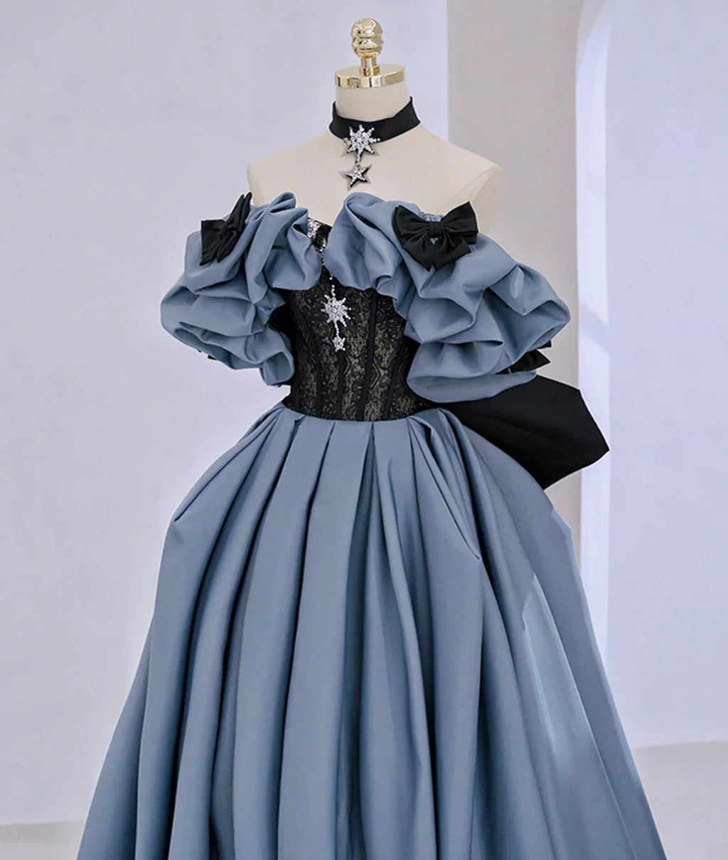 Vestido largo de fiesta con encaje de satén y hombros descubiertos, vestido de noche azul Y2619