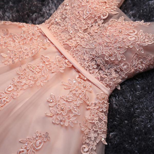 Abito corto rosa cipria per damigella, abiti da festa con tulle e applicazioni in pizzo