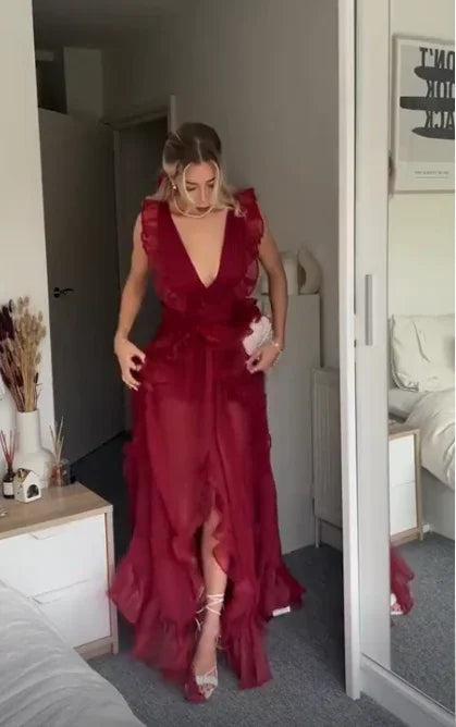 Beautiful Burgundy Chiffon Ruffles Evening Dress Slit Prom Dress Y7715