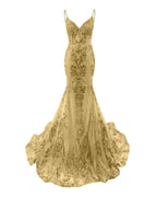 Trumpet Mermaid Long Prom Dress Spaghetti Straps Sparkly Sequin Lace Applique