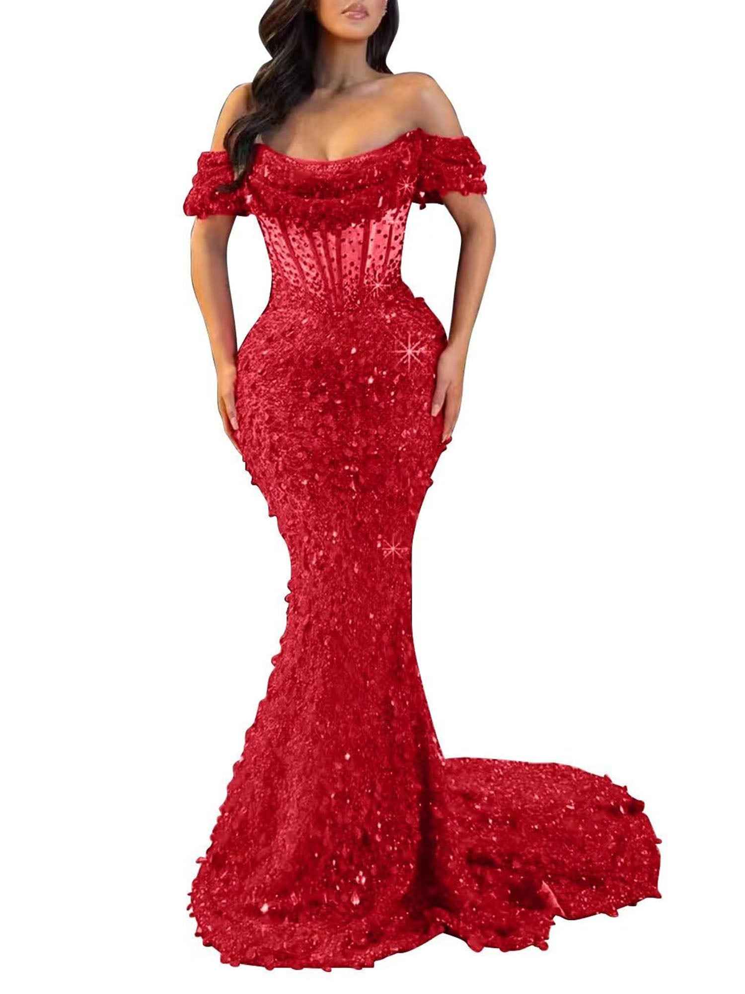 Mermaid Off Shoulder Sequin Prom Dress With Cutout Bodice