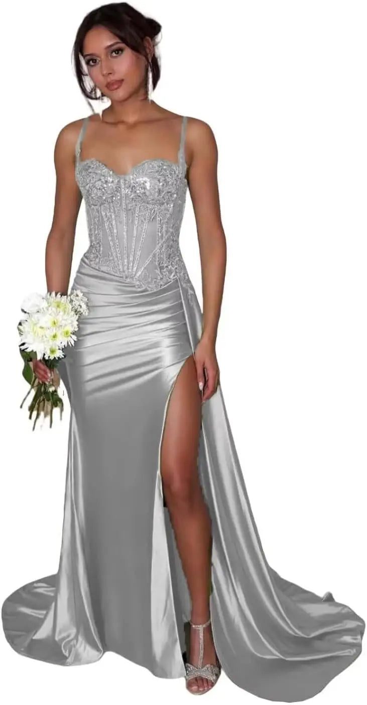Vestido de Baile Verde-Sálvia Cetim Sereia | Vestido de Noite com Corpete de Renda e Contas, com Fenda