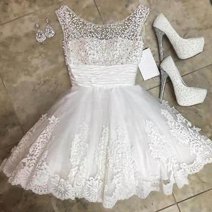 Charming Beaded Sheer Tulle Lace Appliques Homecoming Dresses Graduation Dress