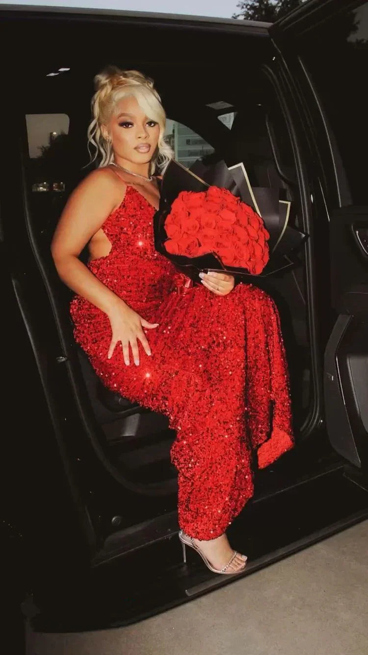 Vestido de noche rojo con lentejuelas sexy, vestido de gala rojo brillante Y2291