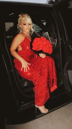 Vestido de noche rojo con lentejuelas sexy, vestido de gala rojo brillante Y2291