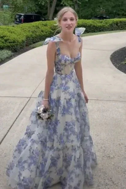 Robe longue de bal à imprimé floral bleu en ligne A Robe de soirée bleue Y2560