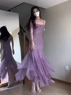 Abito da sera viola in chiffon con perline, spalline sottili, stile sirena, abito da ballo Y7812