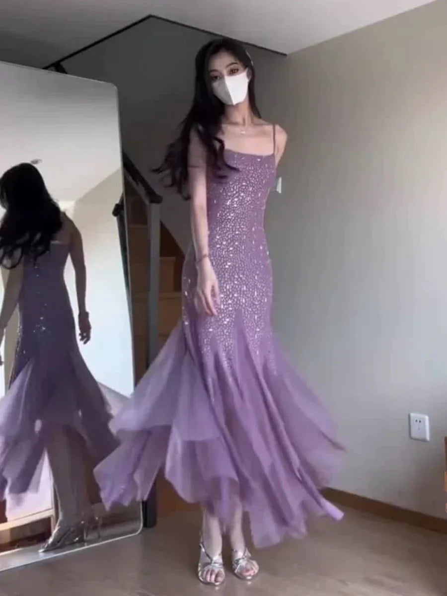 Abito da sera viola in chiffon con perline, spalline sottili, stile sirena, abito da ballo Y7812