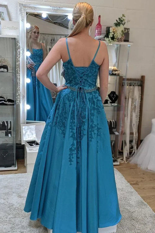 Vestidos compridos de cerimónia azul com renda, costas abertas em linha, com cinto, Vestidos formais azuis de renda, Vestidos de noite azuis Y174
