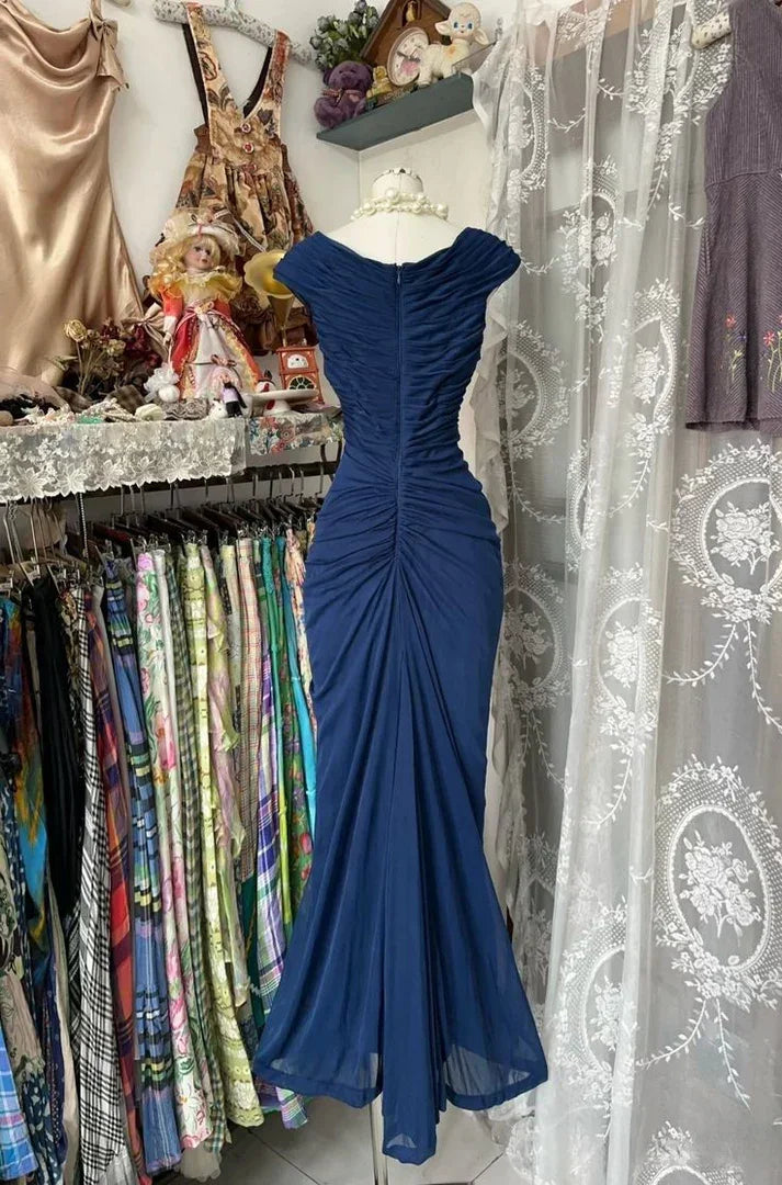 Abito da sera vintage in chiffon blu marina arricciato, modello sirena, per festa o ballo Y8076