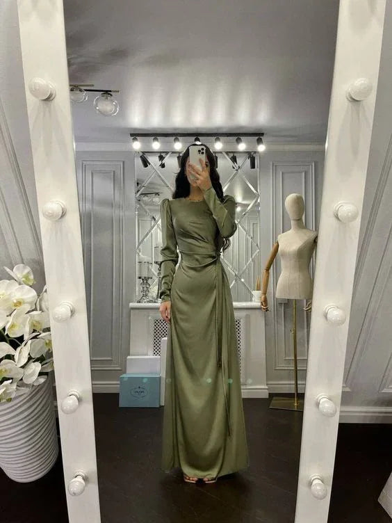 Abito da sera aderente elegante per invitata a matrimonio autunnale, lungo fino a terra con maniche lunghe Y5897