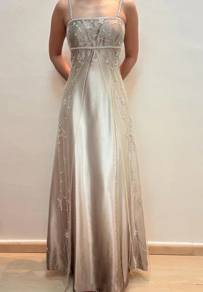 Vestido de fiesta de satén y tul con tirantes finos, cuentas, línea A, para noche Y8139