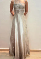 Vestido de fiesta de satén y tul con tirantes finos, cuentas, línea A, para noche Y8139