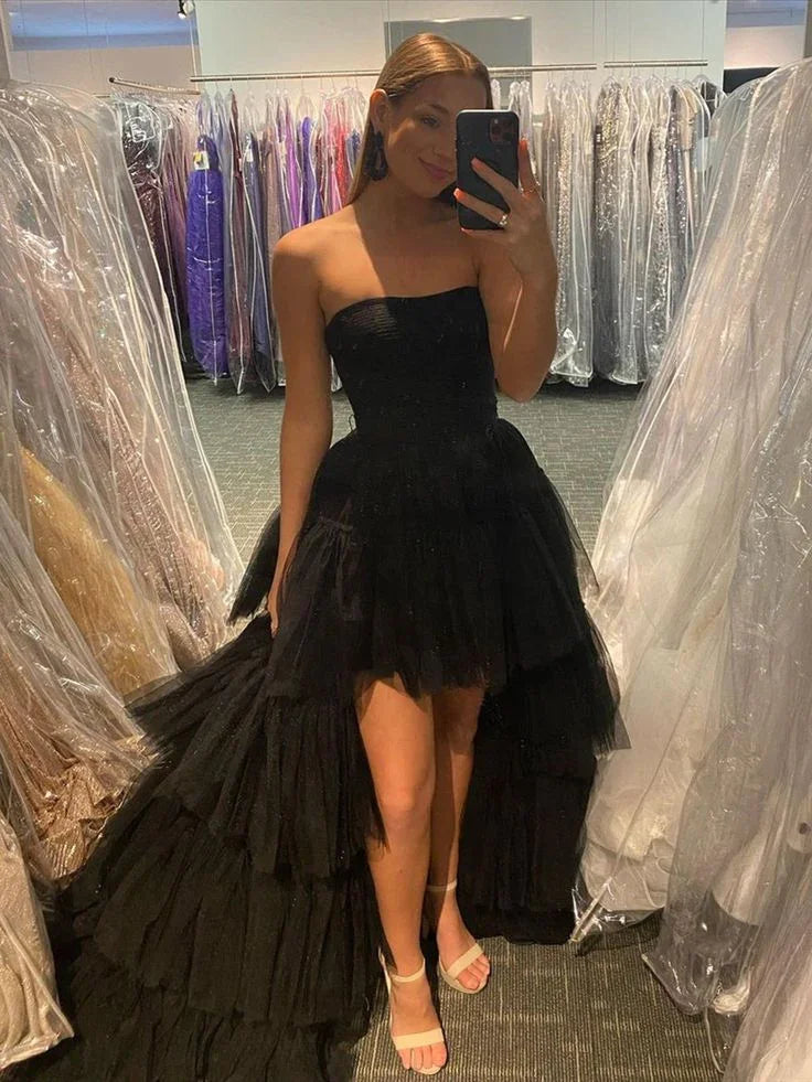 Robe de bal en tulle noire à ourlet haut-bas Robe de soirée formelle en tulle noire à ourlet haut-bas Y4893
