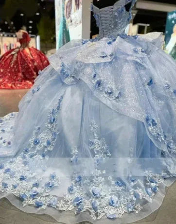 Wunderschönes blaues schulterfreies Ballkleid mit Tüllapplikationen für Geburtstag und Quinceañera Y7835