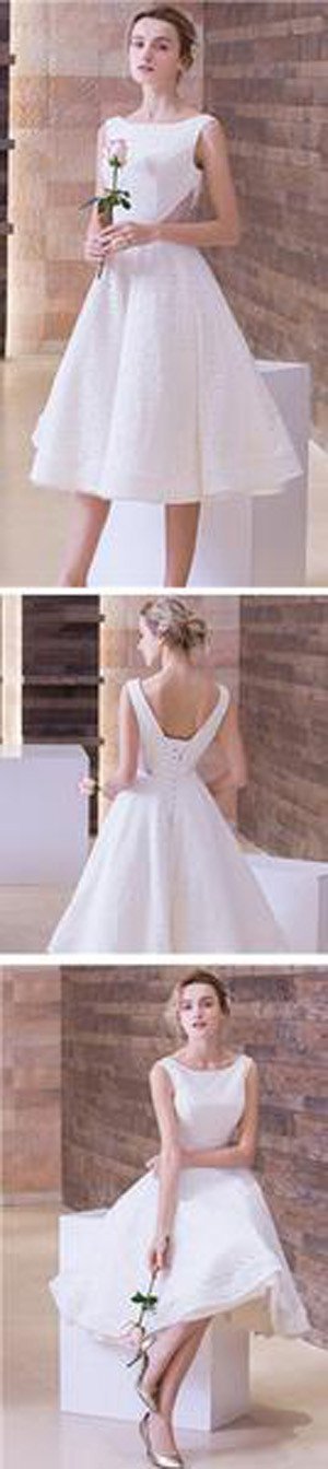 White Simple Lace Short Sleeveless Scoop Neck Prom Dresses, Wedding Party Dress
