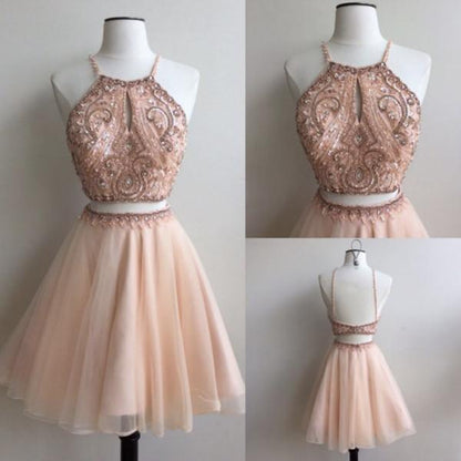 Vestidos de fiesta de dos piezas con tirantes, económicos, vestido de fiesta corto con abertura, MH170