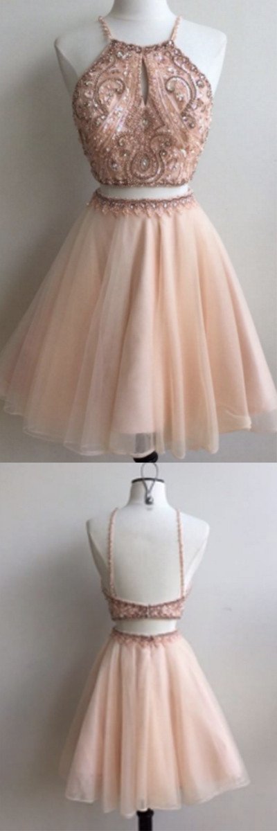 Vestidos de fiesta de dos piezas con tirantes, económicos, vestido de fiesta corto con abertura, MH170