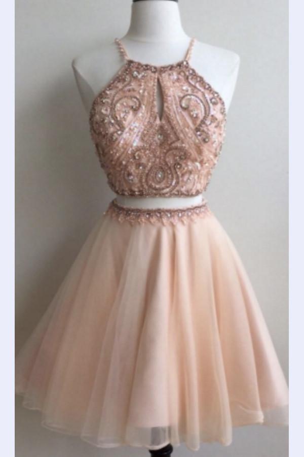Vestidos de fiesta de dos piezas con tirantes, económicos, vestido de fiesta corto con abertura, MH170