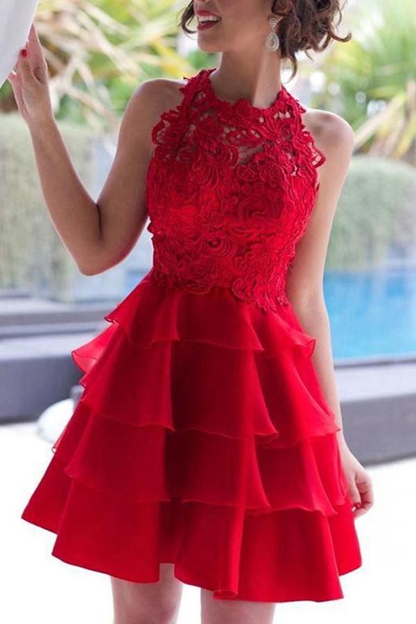 Rotes Spitzen-A-Linien-Chiffon-Abendkleid mit U-Ausschnitt und Stufen, kurze Ballkleider