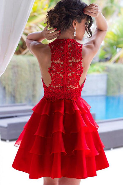 Rotes Spitzen-A-Linien-Chiffon-Abendkleid mit U-Ausschnitt und Stufen, kurze Ballkleider