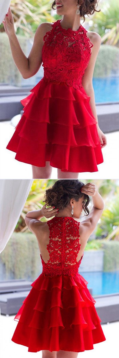 Rotes Spitzen-A-Linien-Chiffon-Abendkleid mit U-Ausschnitt und Stufen, kurze Ballkleider