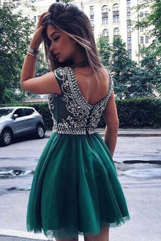 Günstiges grünes Perlen-Tüll-A-Linien-Kurzballkleid, Homecoming-Kleider