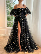 Vestido longo de baile preto em tule com corte em A, vestido formal de noite em tule preto Y248