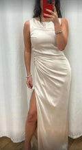 Elegante abito lungo da sera in raso con spacco alto, abito formale da cerimonia Y8451