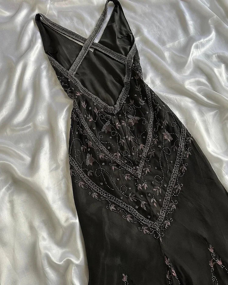 Abito da sera nero in chiffon con perline, elegante, senza schienale, modello sirena, abito da ballo Y8297