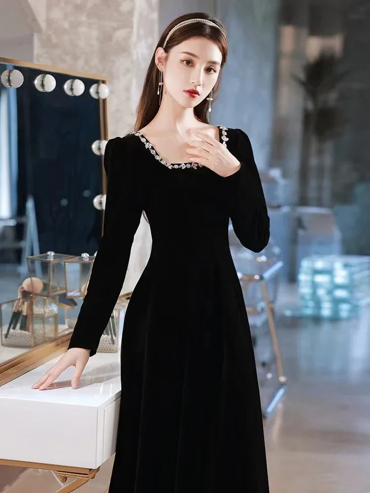 Vestido de noche negro, vestido de noche de terciopelo de alta calidad con mangas largas, hecho a medida Y2934