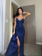 Robe de bal sirène à paillettes bleues scintillantes, bretelles, fente, robe de soirée Y7825
