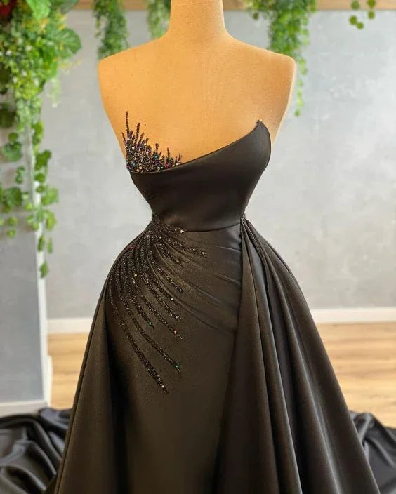 Robes de soirée noires pour femmes avec traîne amovible, perles et plis Y6676
