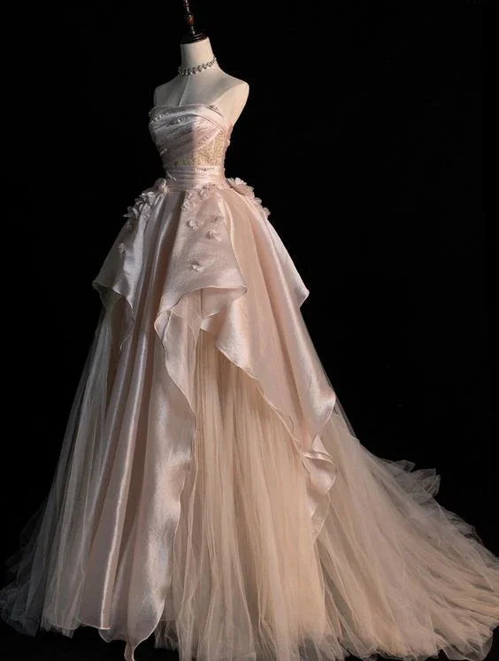 Abito da sera ampio rosa senza spalline a linea ad A in tulle Abito elegante Y6761