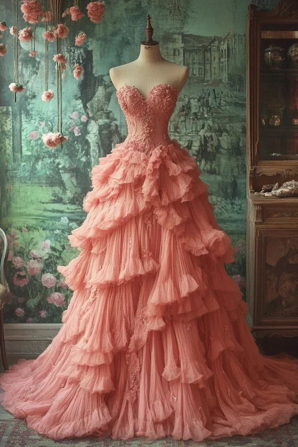 Wunderschöne rosa Tüllapplikationen mit plissierten Rüschen Ballkleid, mehrlagiges A-Linien-Abendkleid Y8038