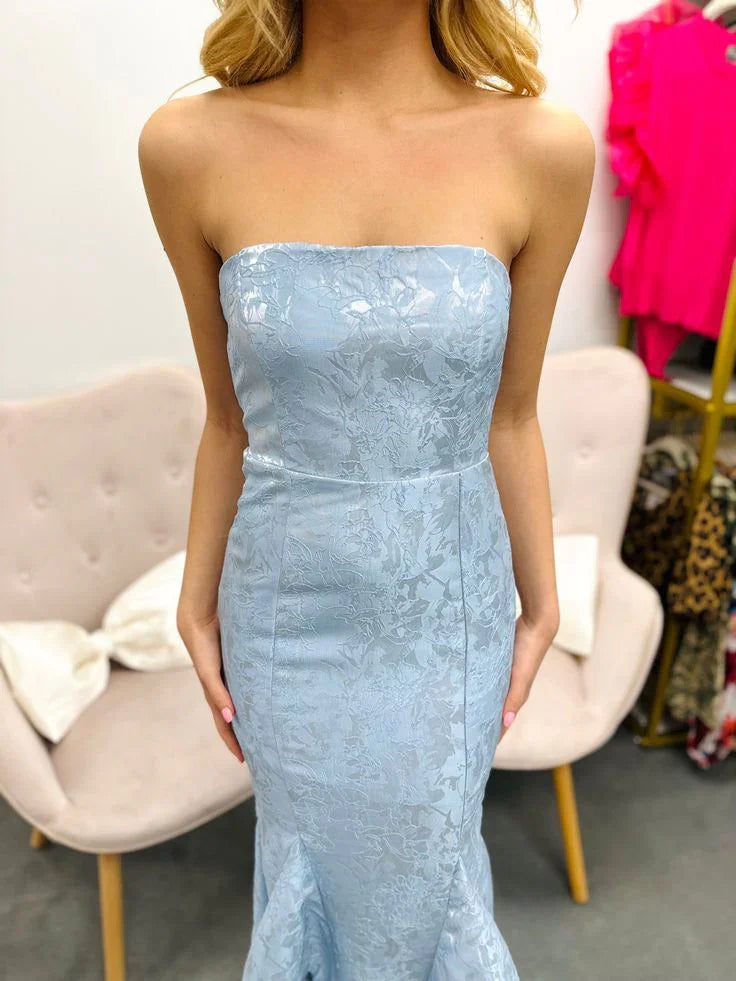 Vestido de noche azul satinado con estampado, estilo sirena, sin tirantes, elegante, modelo Y8234