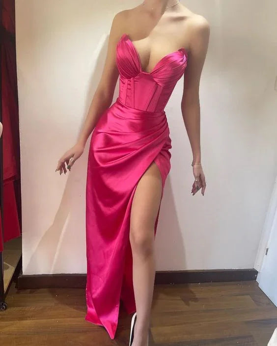 Abiti da sera formali fucsia per donna con spacco alto, abito lungo per invitata a matrimonio Y3091
