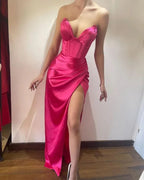 Abiti da sera formali fucsia per donna con spacco alto, abito lungo per invitata a matrimonio Y3091