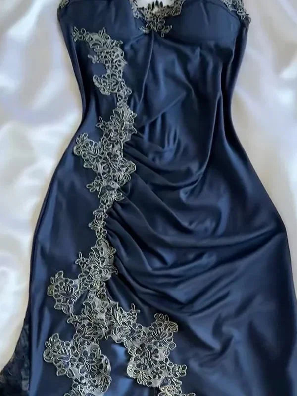 Vestido de Noite Sereia com Aplicações de Renda em Cetim Azul Marinho Vintage Vestido de Baile Y8497